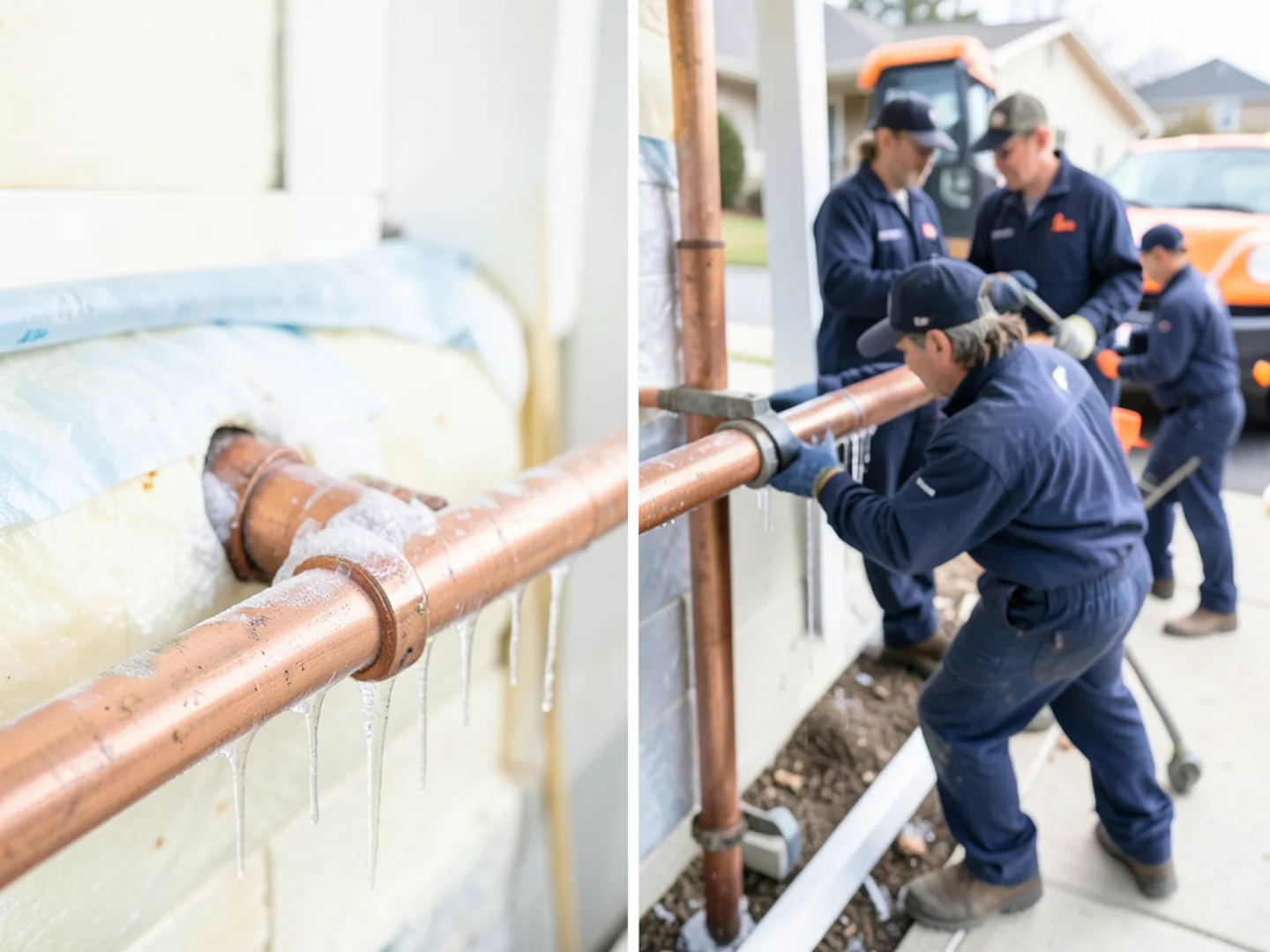 Freeze split fracture along copper residential water pipe with icicles
