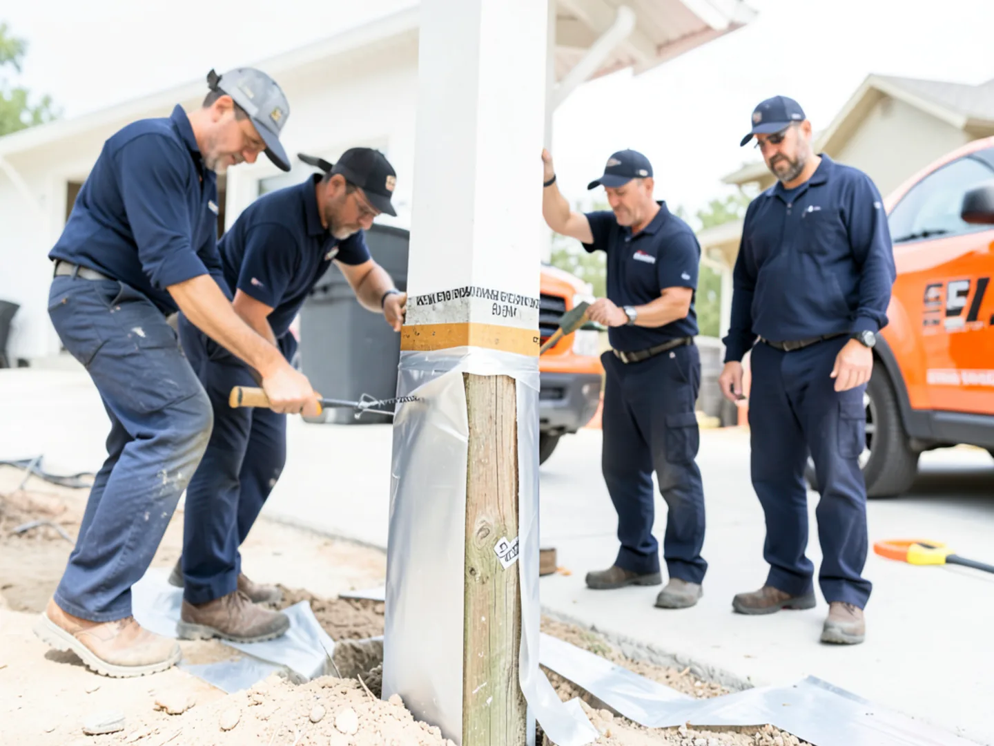 Sealing heavy polyethylene vapor barrier seams around foundation piers with tape