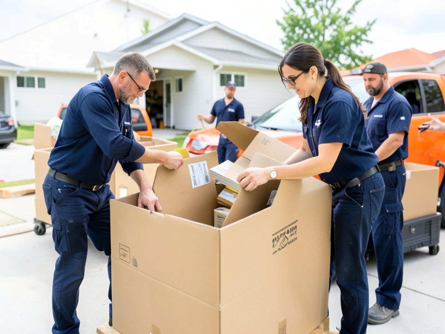 Careful inventorying and packing of salvageable residential contents into moving boxes
