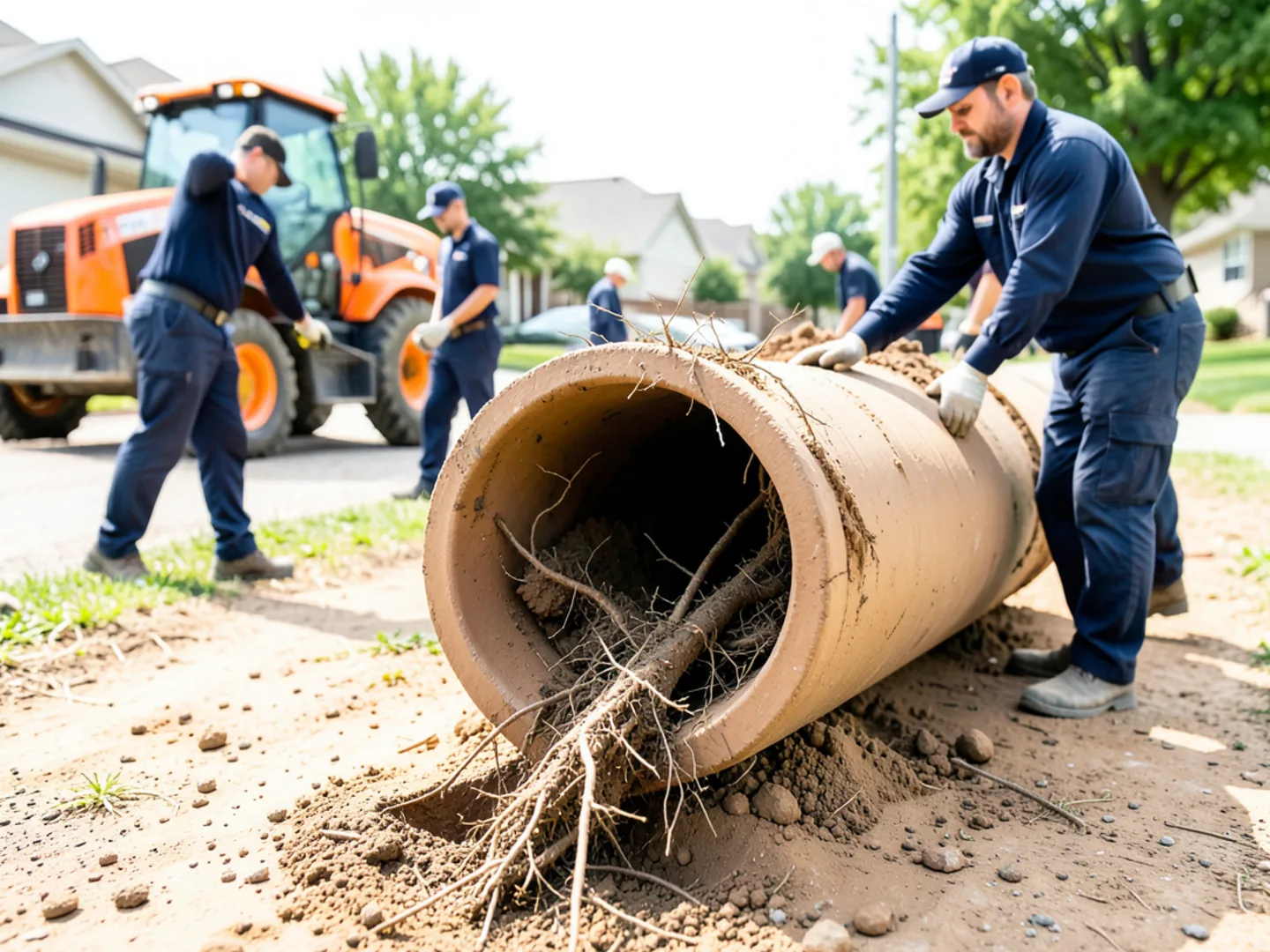 Excavated clay sewer lateral pipe showing dense tree root infiltration inside bell joint