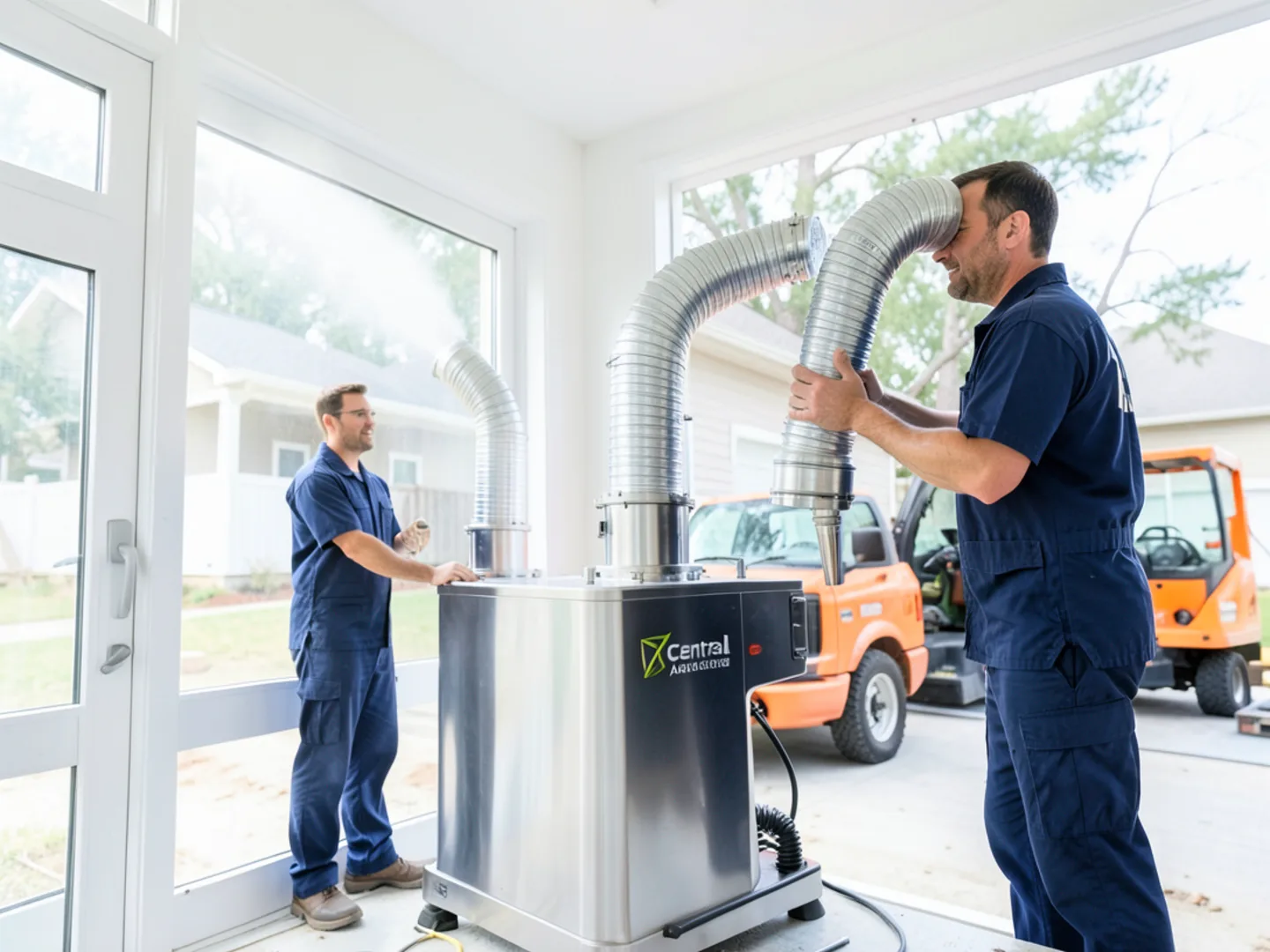 Industrial air scrubber with flexible ducting discharging air outside home window