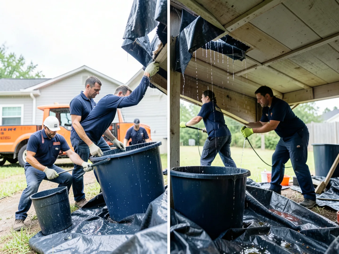 Placing heavy plastic containers and tarps to collect rain drips beneath attic breach