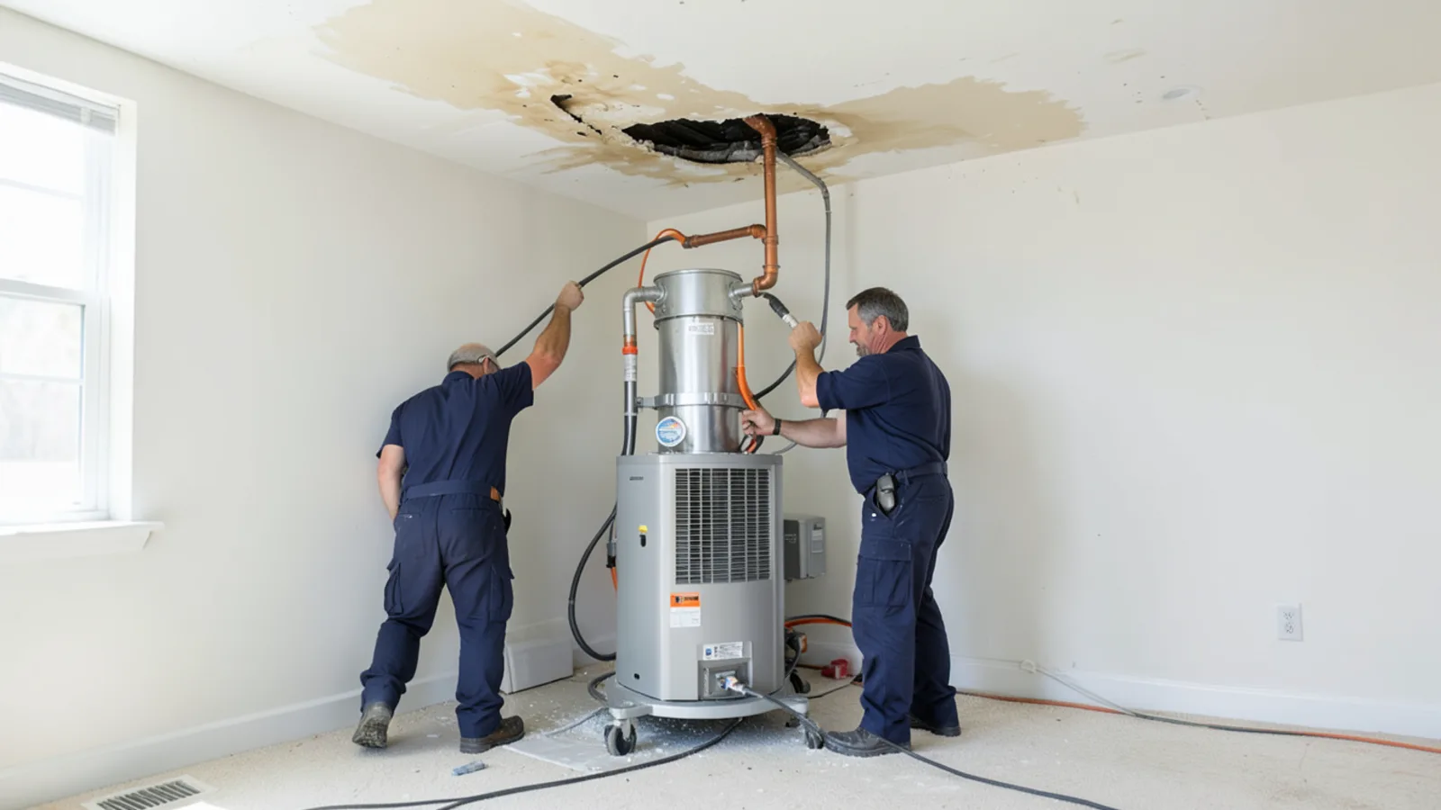 Water extraction setup below ceiling damaged by burst pipe