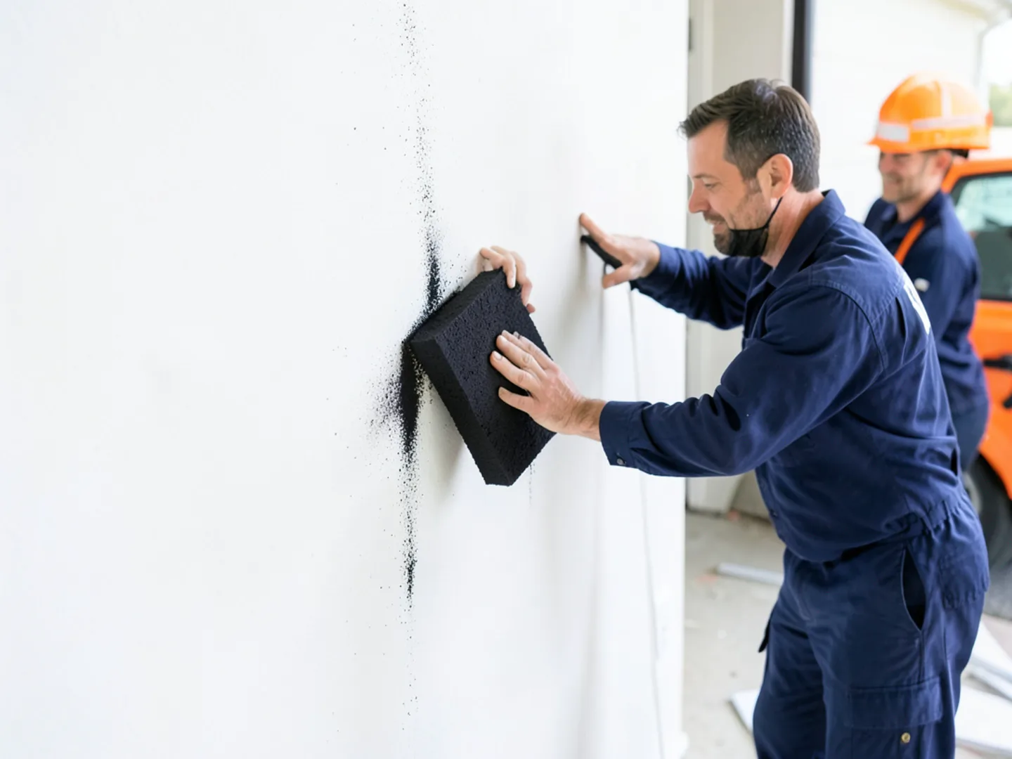 Dry vulcanized rubber soot sponge wiping heavy black carbon from drywall