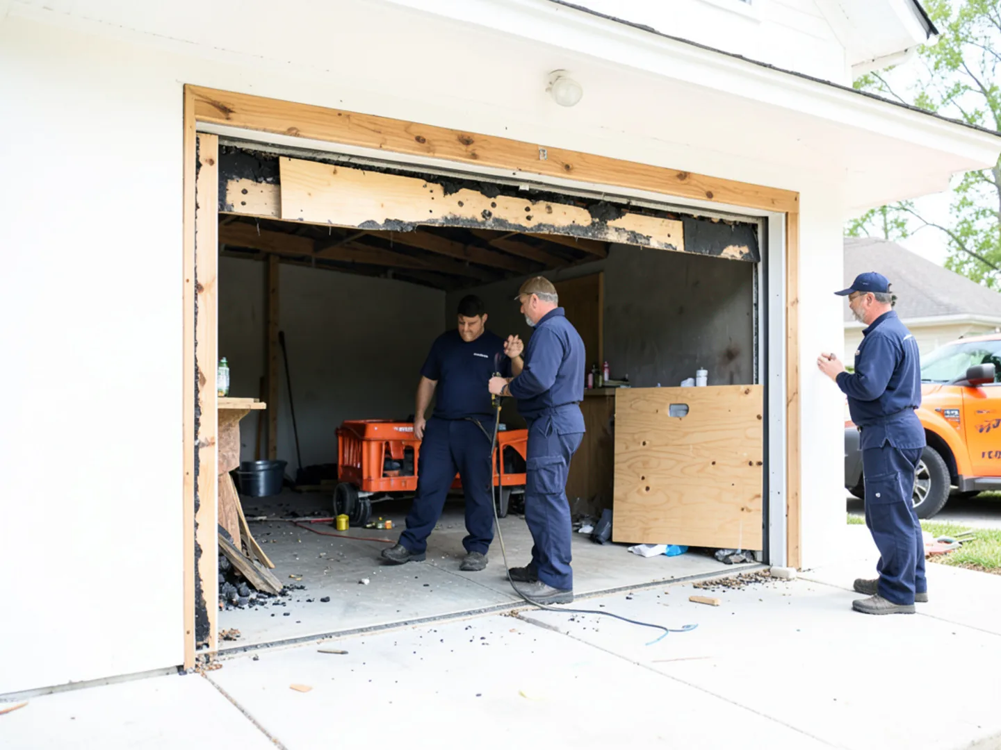 Heavy exterior grade plywood shutter secured over fire damaged exterior doorway
