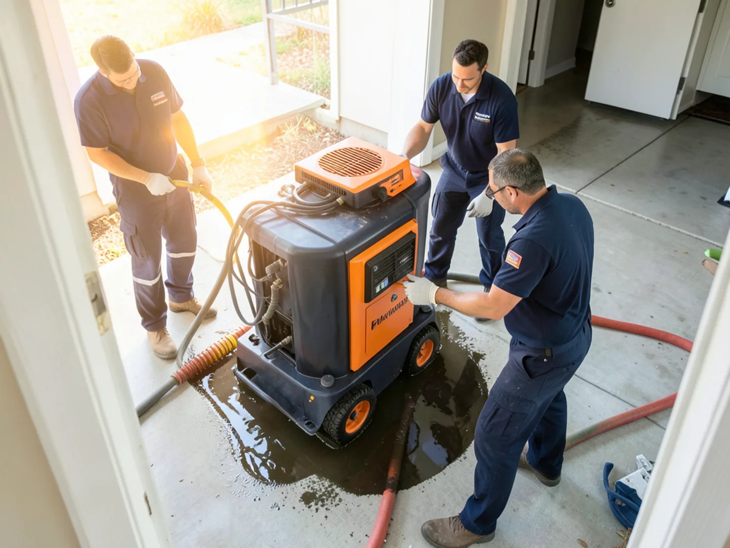 Extraction machine removing standing firefighting water from hallway floor
