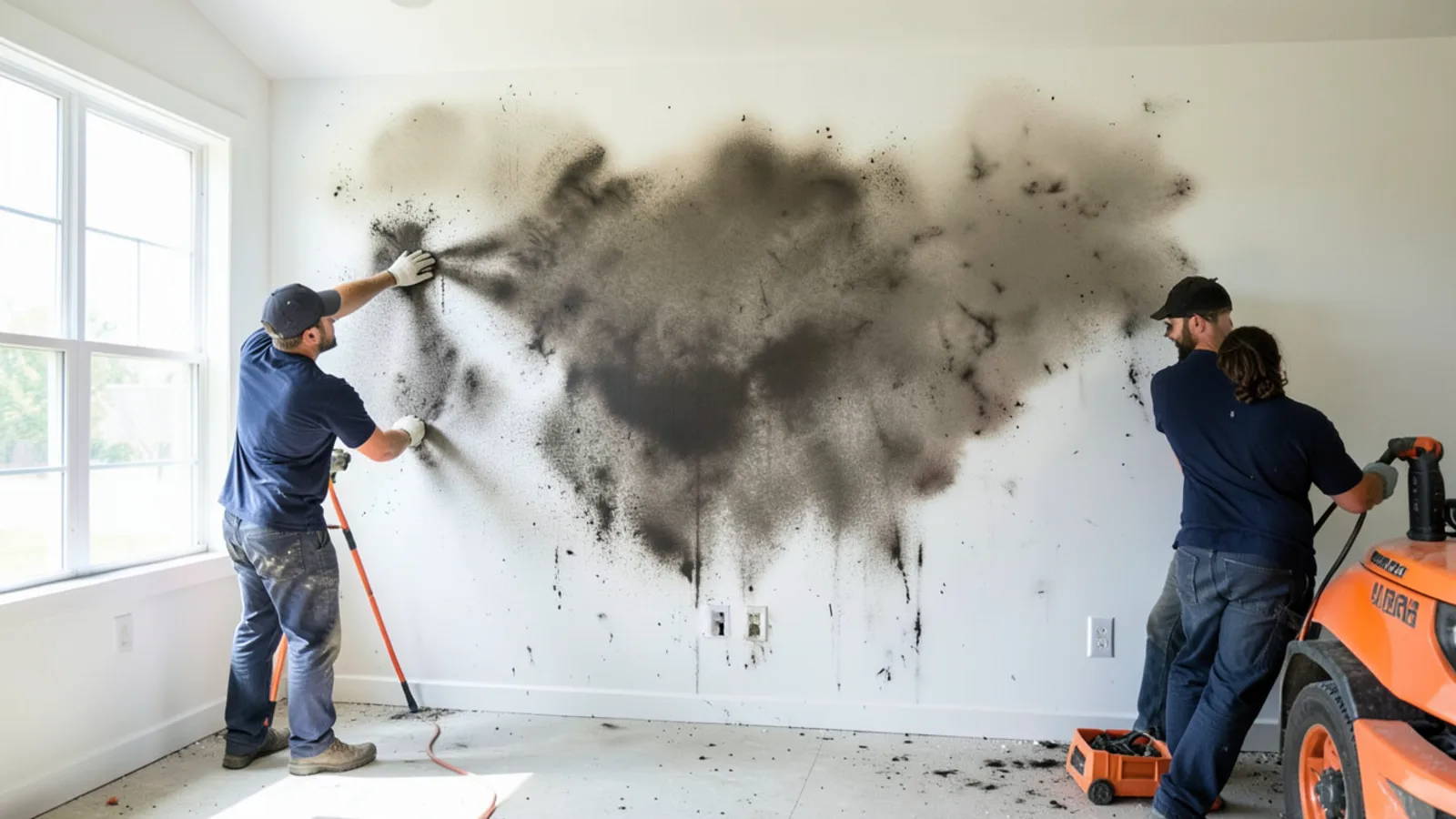 Technician inspecting fire damage and soot residue in residential kitchen