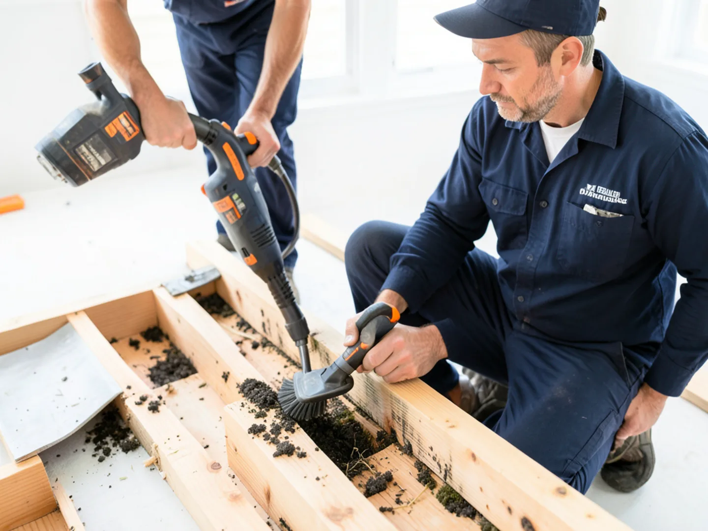 Technician using HEPA vacuum with brush attachment on crawlspace floor joists