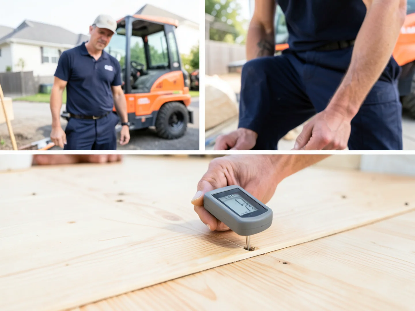 Dual pin moisture meter probes inserted into wood subfloor measuring moisture content