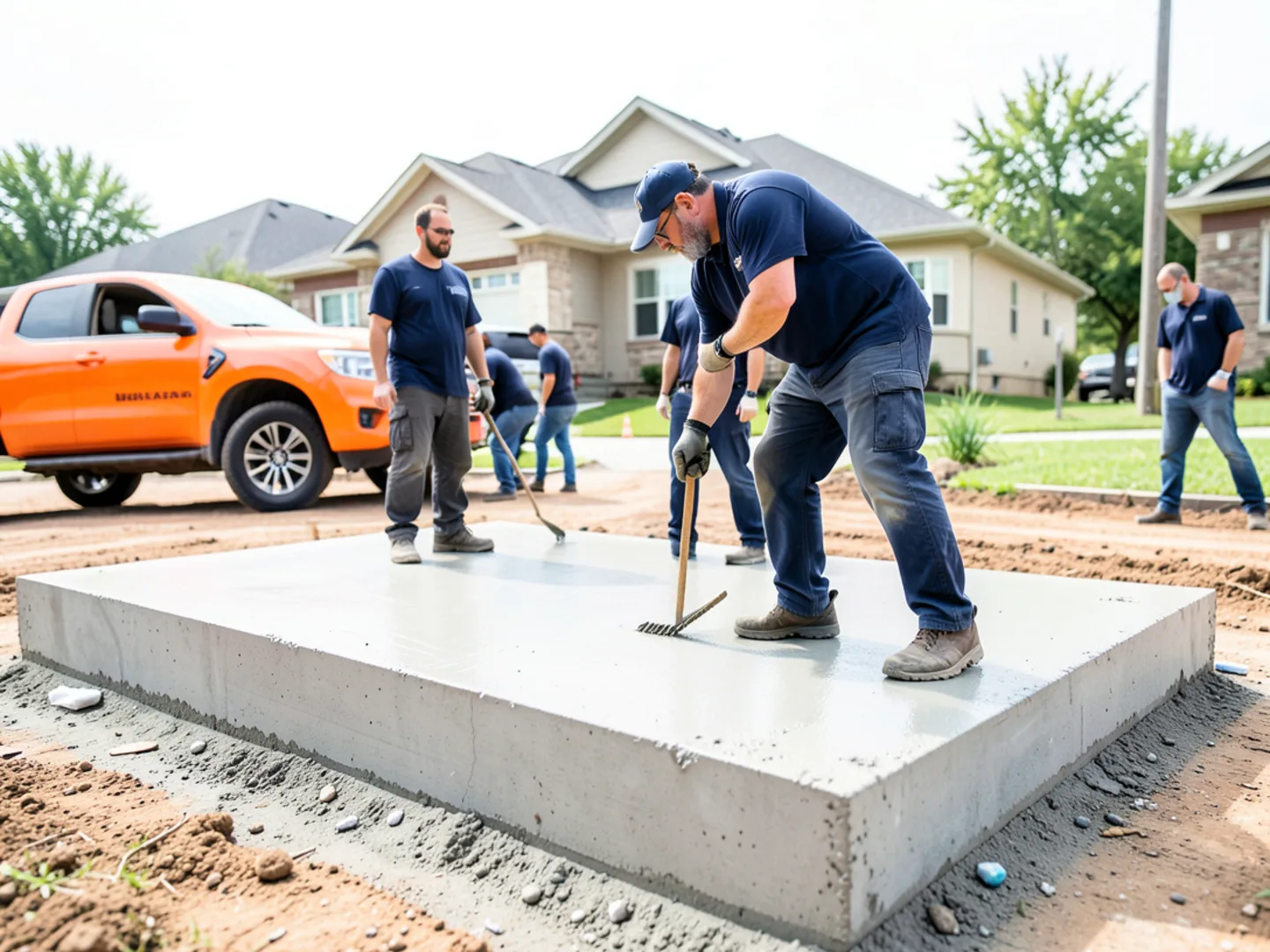 Freshly poured concrete slab foundation and framing stages in expanding Bryant subdivision