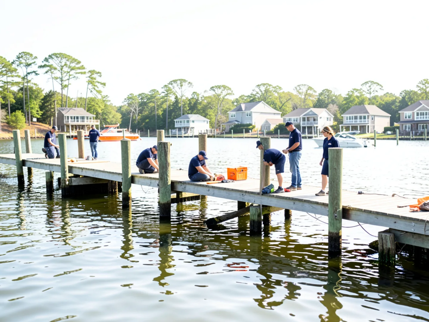 Shoreline view of Lake Conway featuring boat dock cypress knees and waterfront cabins