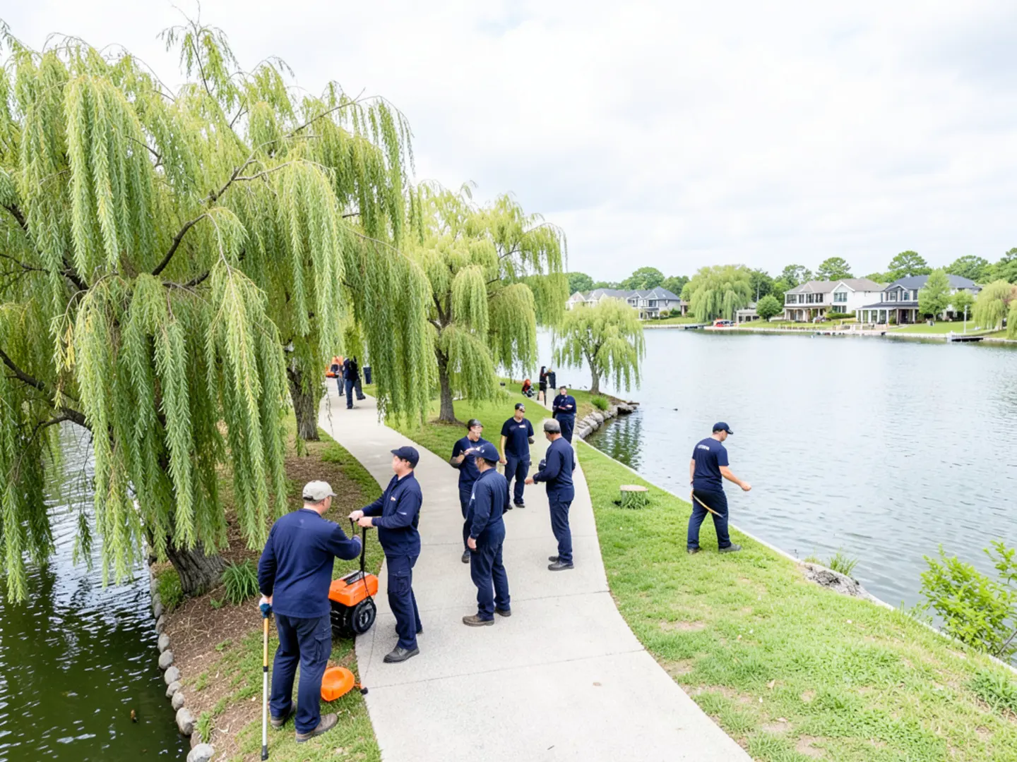 Scenic park shoreline at Lake Willastein with walking trail and mature willow trees