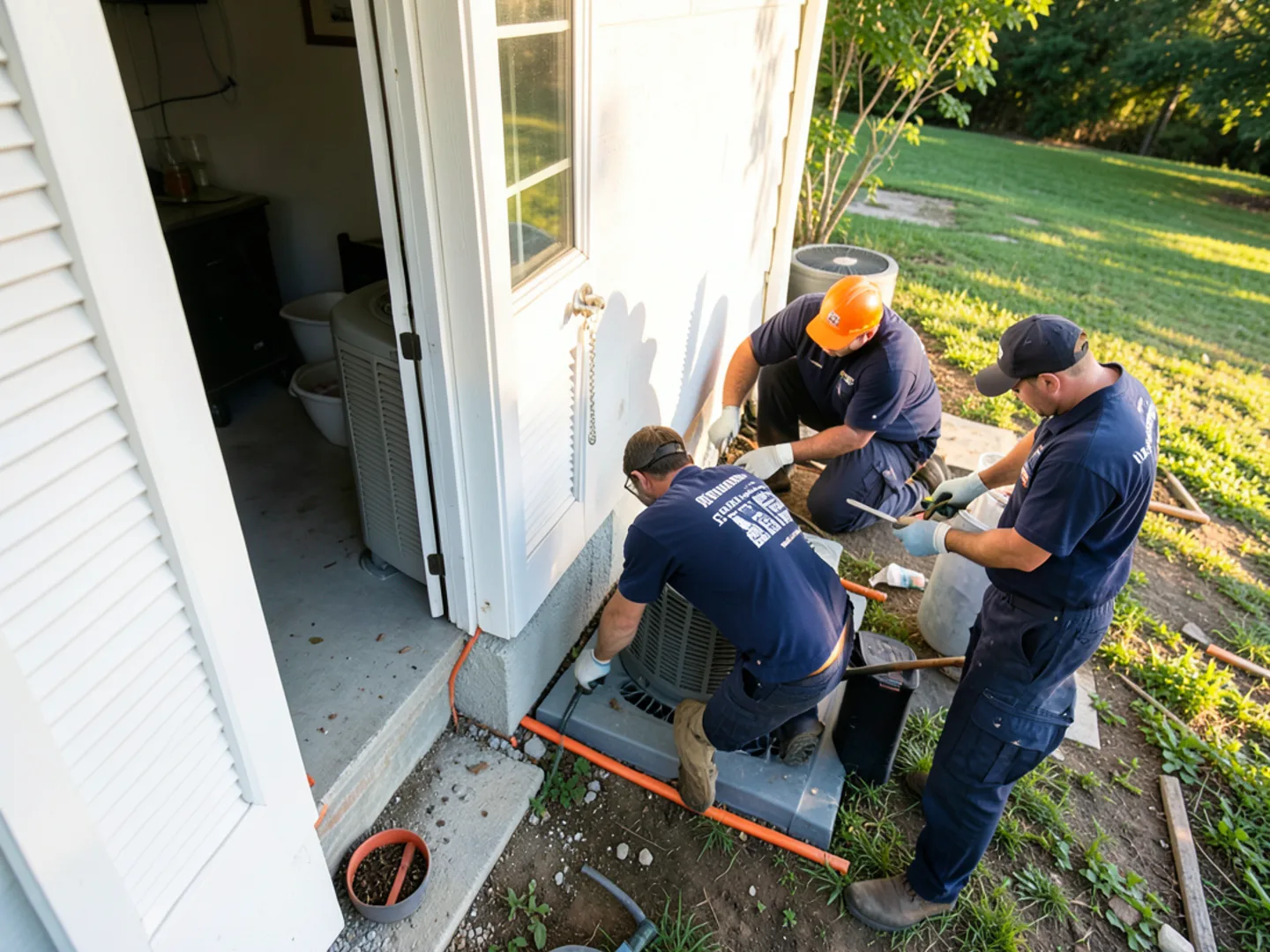 Louvered foundation vent and HVAC compressor along shady side of Maumelle home