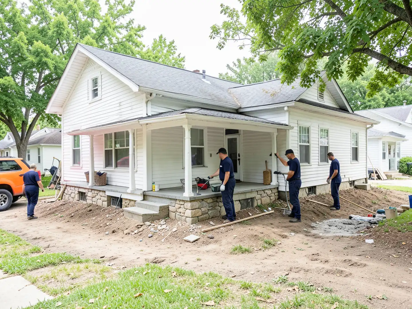 1920s bungalow with raised front porch and stone foundation piers in North Little Rock