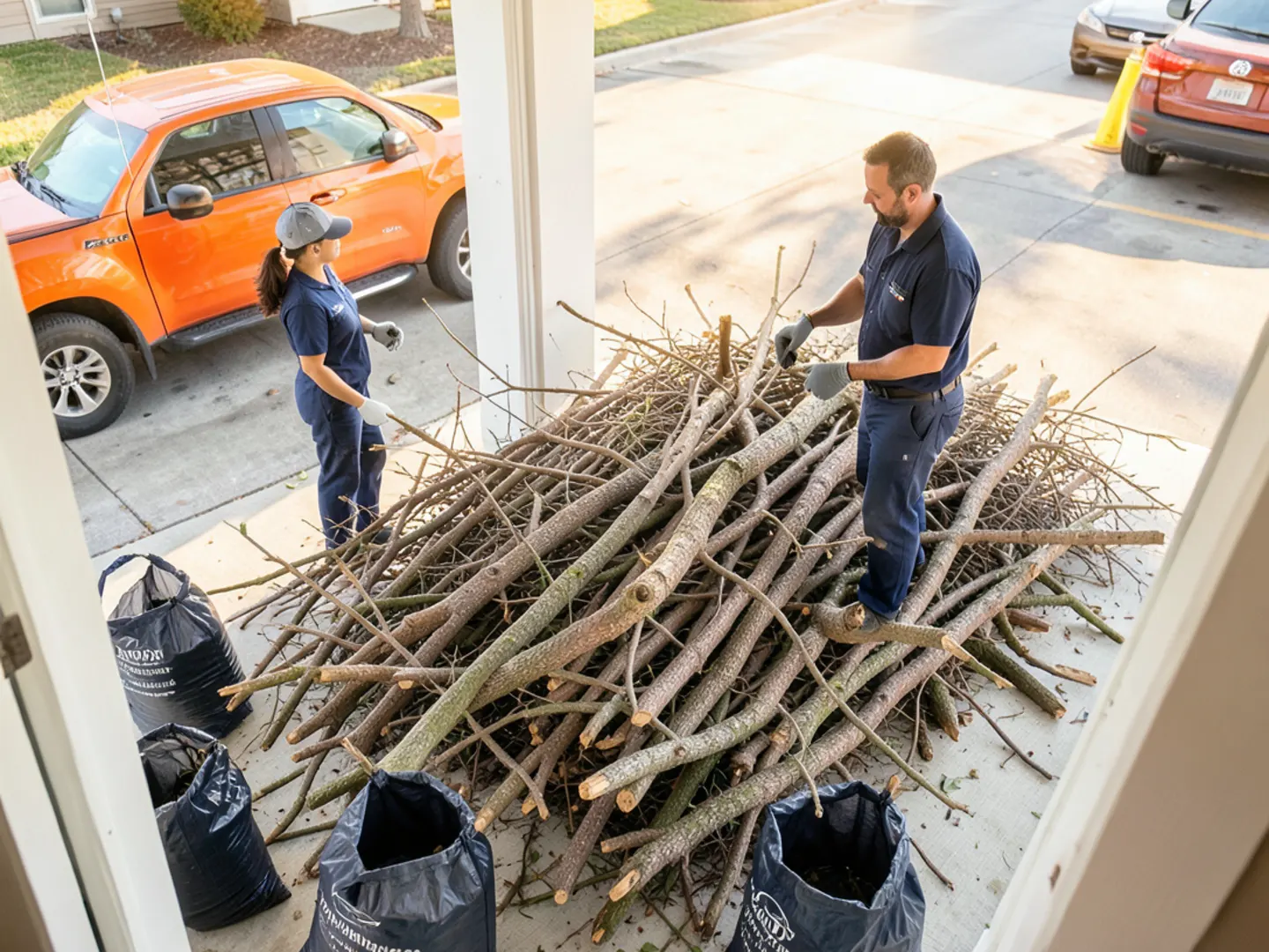Fallen tree branches and contractor waste bags staged curbside after storm event