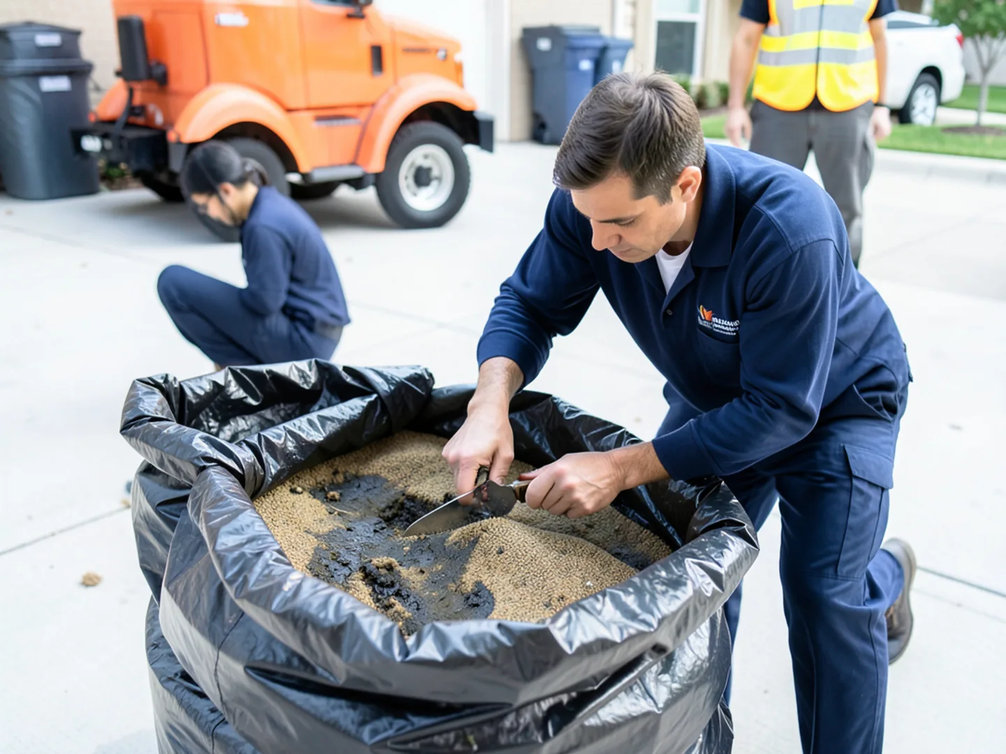 Technician bagging saturated Category 3 contaminated carpet into heavy waste bags