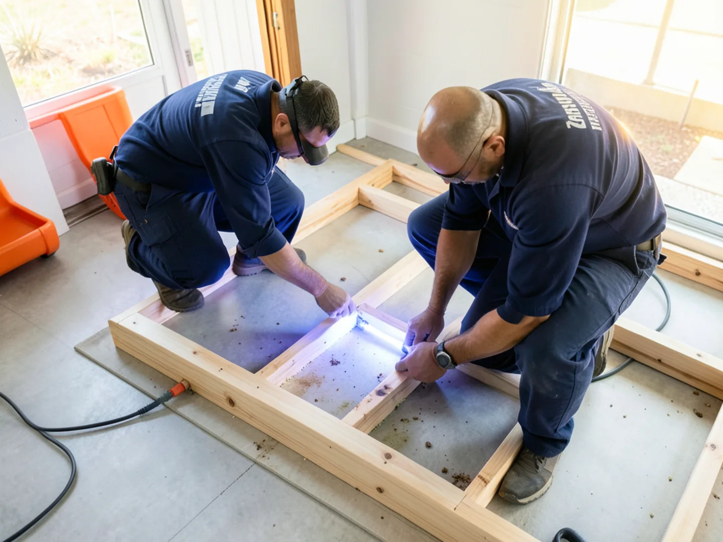 Inspecting cleaned concrete floor with ultraviolet light to verify organic decontamination
