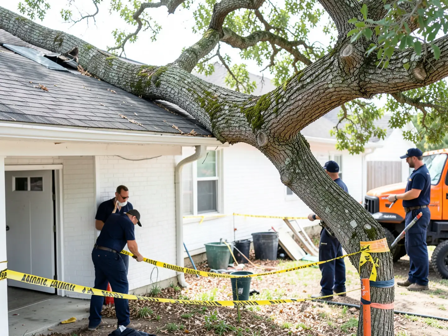 Large oak tree limb resting on damaged residential roof eave with caution tape