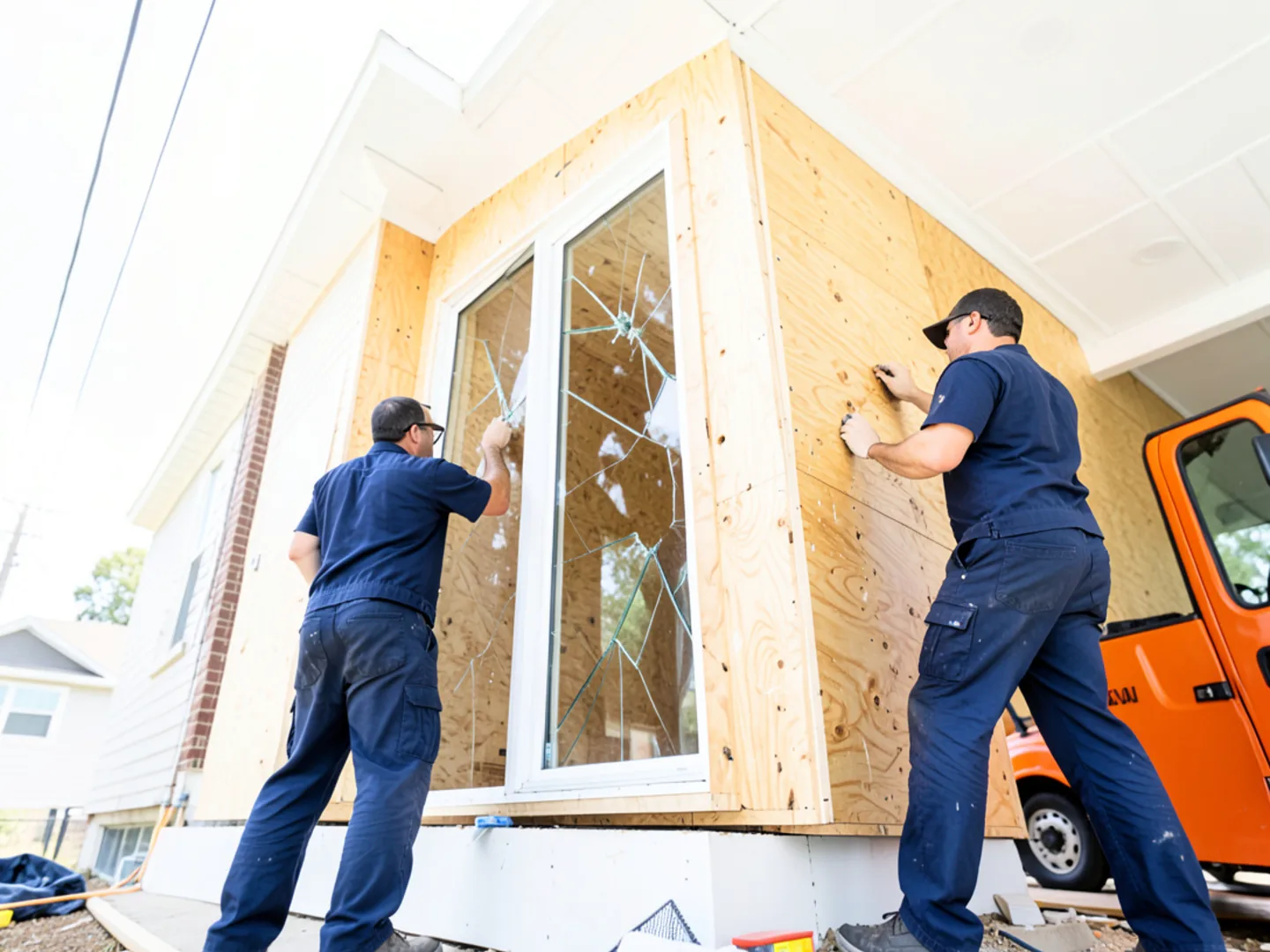 Exterior grade plywood panel fitted securely over shattered picture window