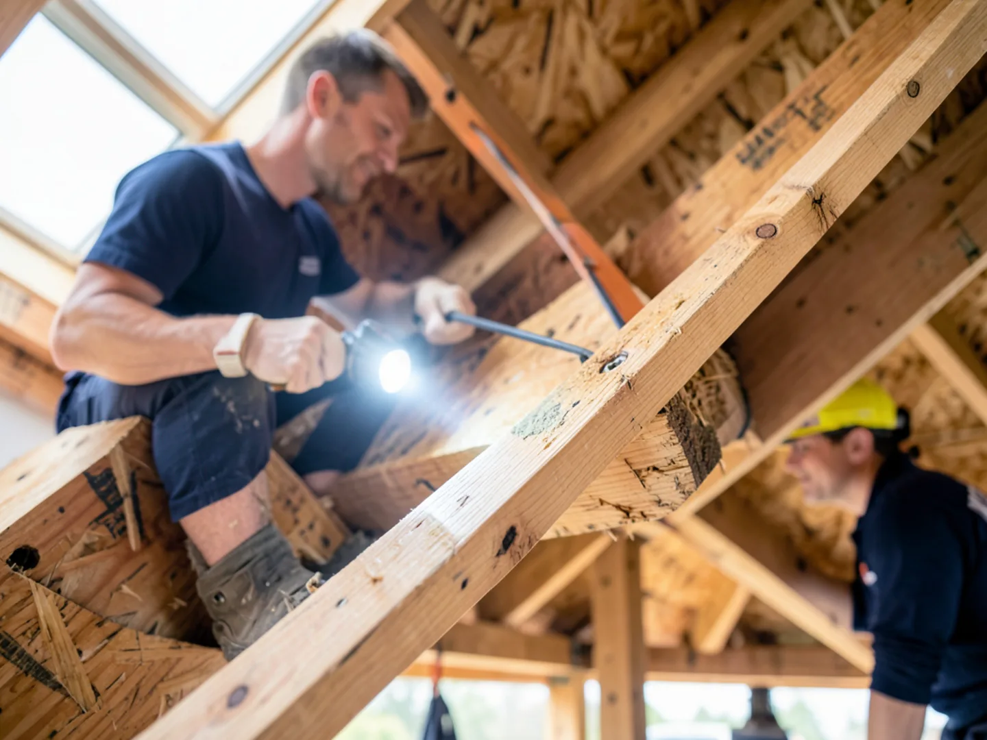 Technician inspecting roof truss connections and decking inside damaged attic
