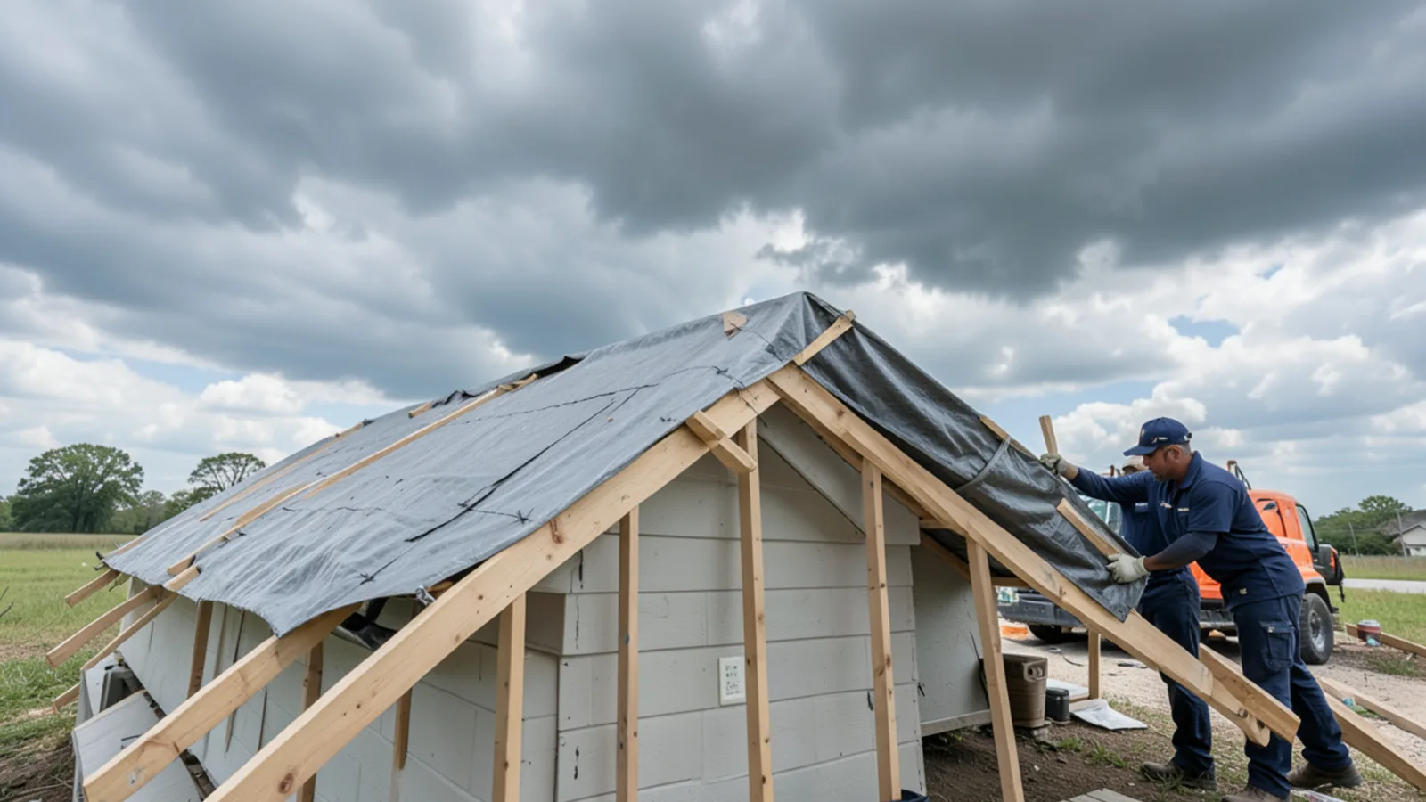 Securing heavy blue emergency tarp over tornado-damaged roof decking