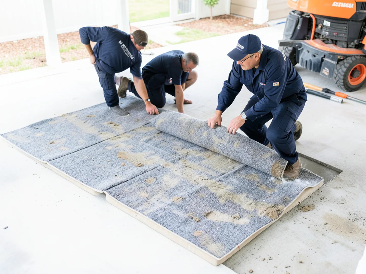 Technician removing saturated carpet padding over concrete slab foundation