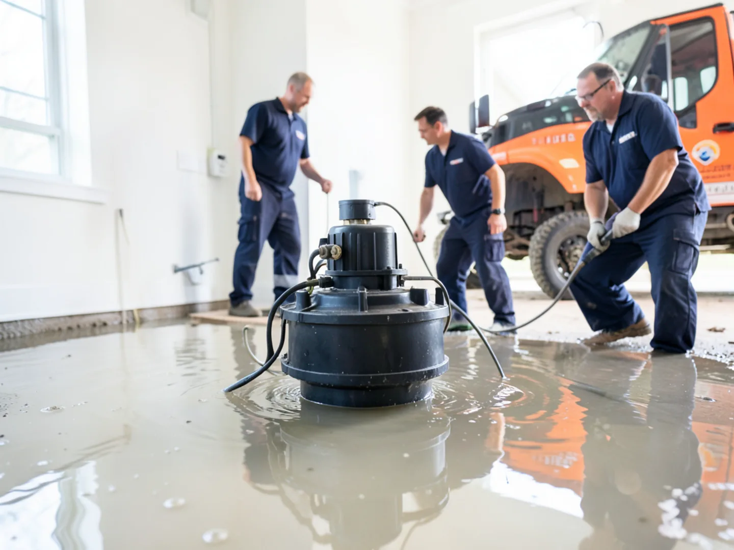 Submersible utility pump pumping out standing water pool in flooded basement
