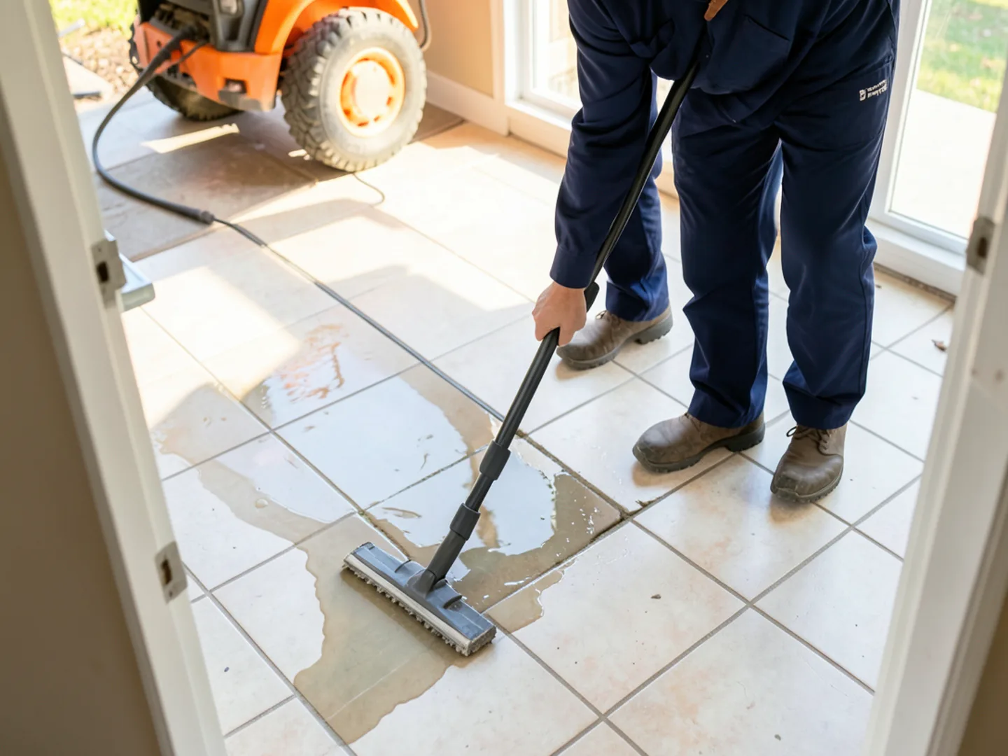 Squeegee vacuum extraction wand clearing pooled water from kitchen tile floor