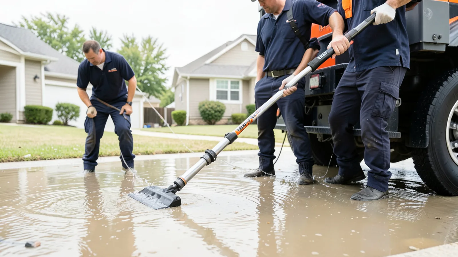 High-powered truck mounted extraction hose removing standing water